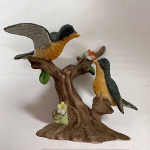 McCrory Corp Birds on Branch w/flowers Figurine Ceramic Wild Birds Orioles/Robin